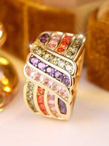1 Stylish Colorful Mixed-Stone Layered, Openwork, Wide-Band, Interlaced Zirconia Ring For Women-An Eye-Catching, Unique Ring Perfect For Party Outfits - Golden Yellow + Color - View 2