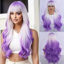 Women's Lavender Long Curly Wig With Bangs - Gradient Purple, High-Quality Synthetic Fiber, Comfortable Rose Net Cap, Multiple Styling Options, Wig Accessories - Purple Ombre - View 5