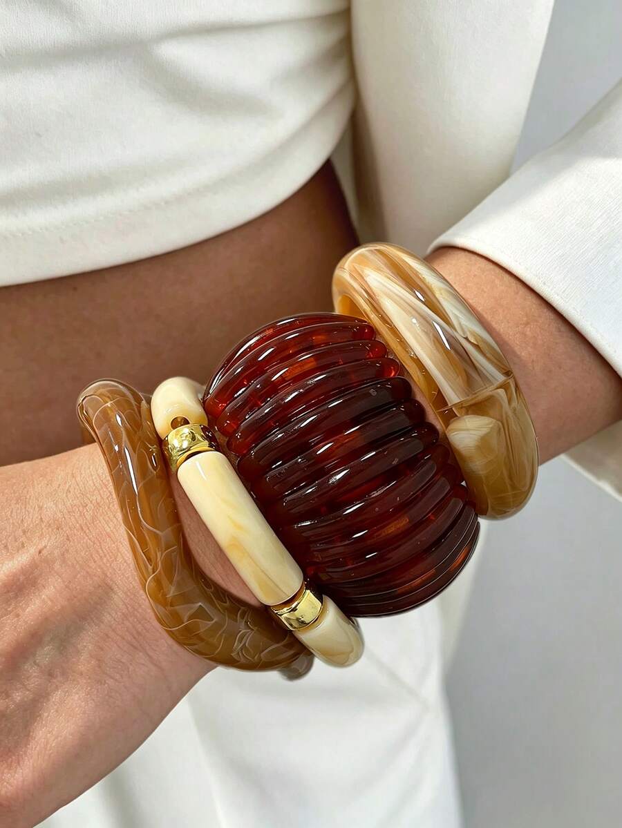 Vintage 4pcs/1pc Fashion Elegant Exaggerated Old Money Style Geometric Irregular Brown Beige Acrylic Vertical Strip Bamboo Joint Elastic Bracelet Stacked Curved Wide Face Coffee Color Resin Tie Dye Open Bangle Set Minimalist Unique Chunky Y2K Stacked Jewelry Suitable For Women Summer Beach Vacation Party Gathering Date Gift Daily Wear Versatile Jewelry - Multicolor - View 1