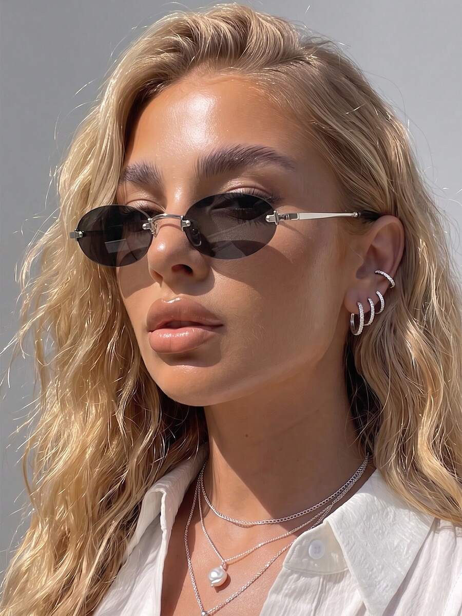 1 Pair Women's New European & American Retro Rimless Small Oval Street Style Cool Y2K Fashion Glasses - Silver Gray - View 1