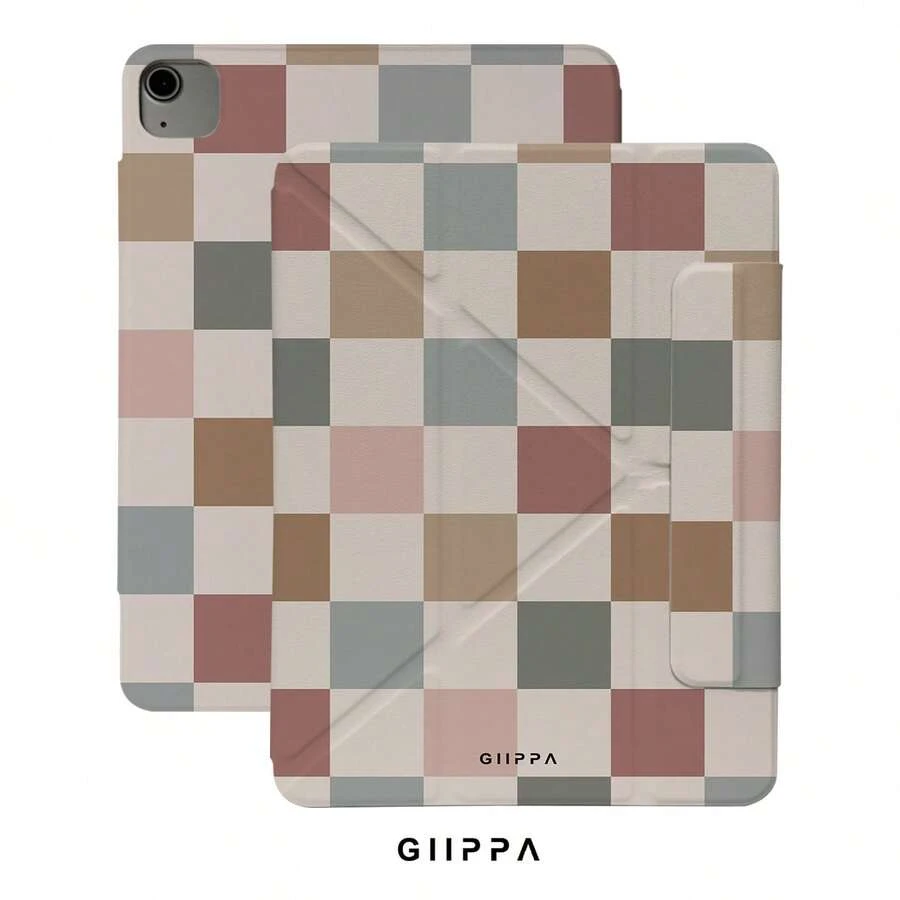 GIIPPA 奶油格紋保護殼,磁吸可拆卸 Y 型折疊防震保護套,相容 iPad Mini 6/7、Air 2/3/4/5/11/13 5/6/7/8/9/10/11、Pro 10.5/11/12.9,適用情人節、開學季、辦公室、聖誕節、萬聖節、感恩節假期,送女友的最佳禮物,完美婚禮季禮物,極簡星校園辦公室度假風 - 彩色 - 查看 1