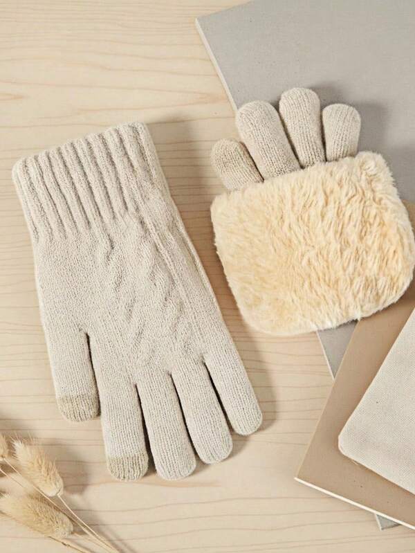 Haus Hana Set de guantes de invierno beige: guantes táctiles y guantes térmicos de punto para actividades en climas fríos.