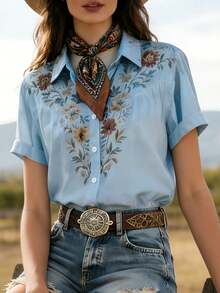 YI XUAN Women's Vintage Bohemian Print Short Sleeve Shirt, Suitable For Autumn, Winter, Summer, Fashionable Casual, Daily Wear, Vacation And Music Festival - Blue - View 7