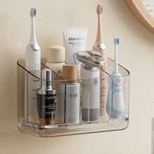 1pc Minimalist Wall-Mounted No-Drill Toothbrush Holder, Storage Rack For Toothpaste, Facial Cleanser, Bathroom Wall Shelf With Compartments - Multicolor - View 1