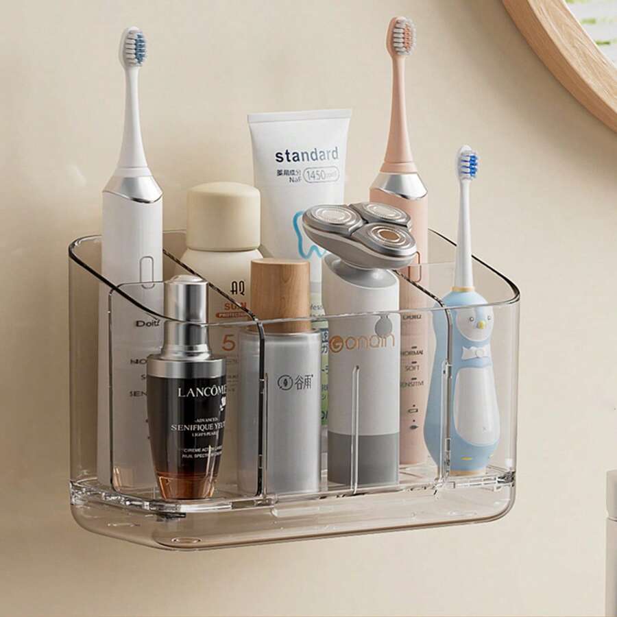 1pc Minimalist Wall-Mounted No-Drill Toothbrush Holder, Storage Rack For Toothpaste, Facial Cleanser, Bathroom Wall Shelf With Compartments - Multicolor - View 1