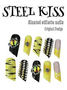 10pcs Short Black & White Zebra & Leopard Print Duck Nail Tips, Zebra + Leopard Dual Animal Print Original Color Combination With Pink Heart Rhinestones, Rivets, Cross And Other Accessories, Suitable For Women's Daily Life, Dating, Party And Other Occasions - Multicolor - View 3