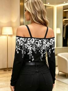 Plus Size Women's Floral Off-Shoulder Long Sleeve T-Shirt Casual Top - Black - View 3