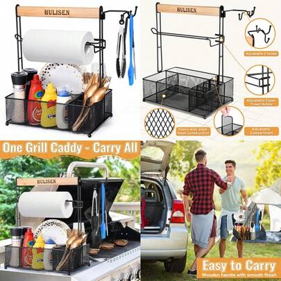 Grill Caddy For Outdoor Grill, BBQ Caddy With Paper Towel Holder For Plates, Silverware, Utensils - Picnic And Barbeque And Camping Essentials Accessories For Tailgating, Camper, RV, Backyard