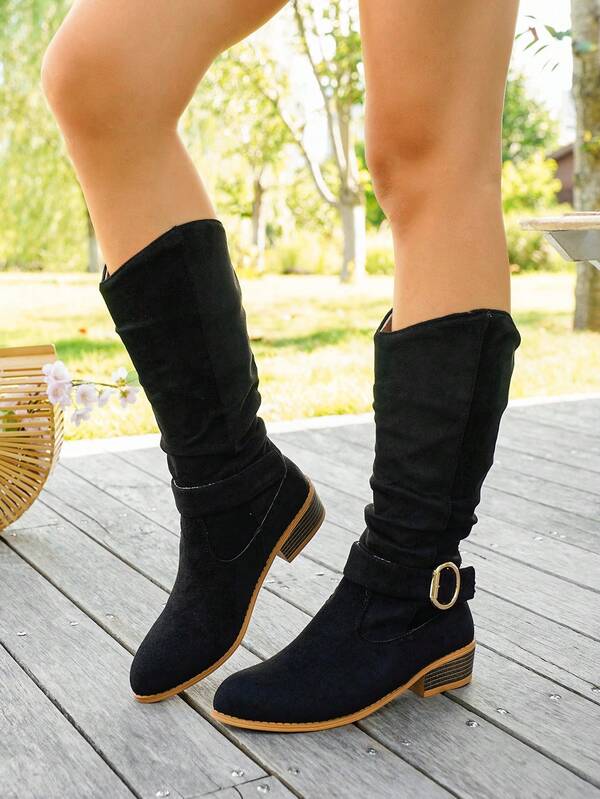 Women's Plus Size Western Style Side Zipper Solid Color Chunky Heel Mid-Calf Boots For Holiday