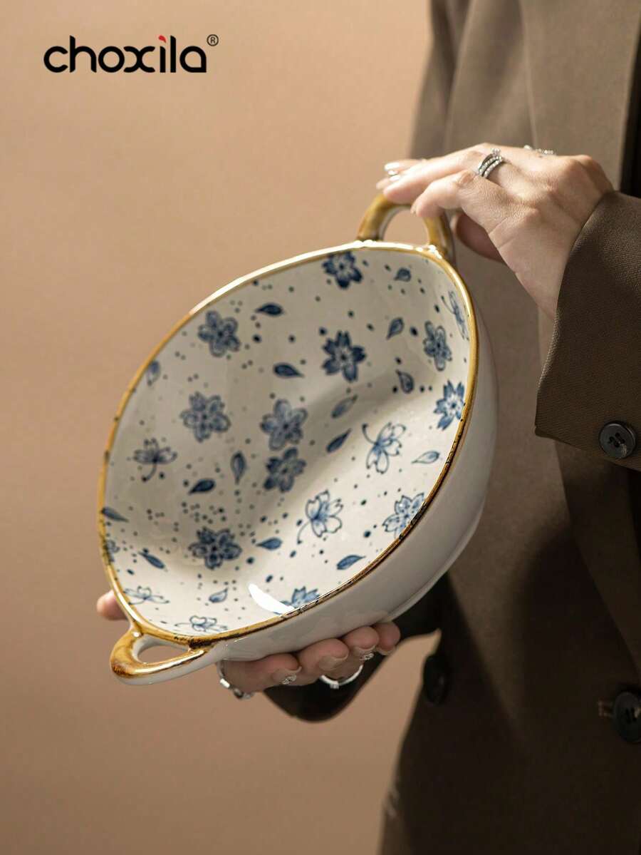 choxila 1件組陶瓷盤與碗套組，花卉浮雕雙把手湯碗/麵碗/甜點碗，適合餐桌使用 - 落花陶瓷碗 - 查看 1