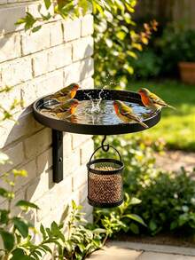 Mangeoire à oiseaux murale en métal noir, bain d'oiseaux suspendu avec crochet, bol d'eau et station d'alimentation pour oiseaux sauvages d'extérieur facile à nettoyer, nichoir à oiseaux durable et résistant à la rouille, convient pour la décoration du jardin, de la cour, de la terrasse, du balcon et de la clôture, attire les colibris et les petits oiseaux, décoration et accessoires de maison, décoration murale - A - Voir 1