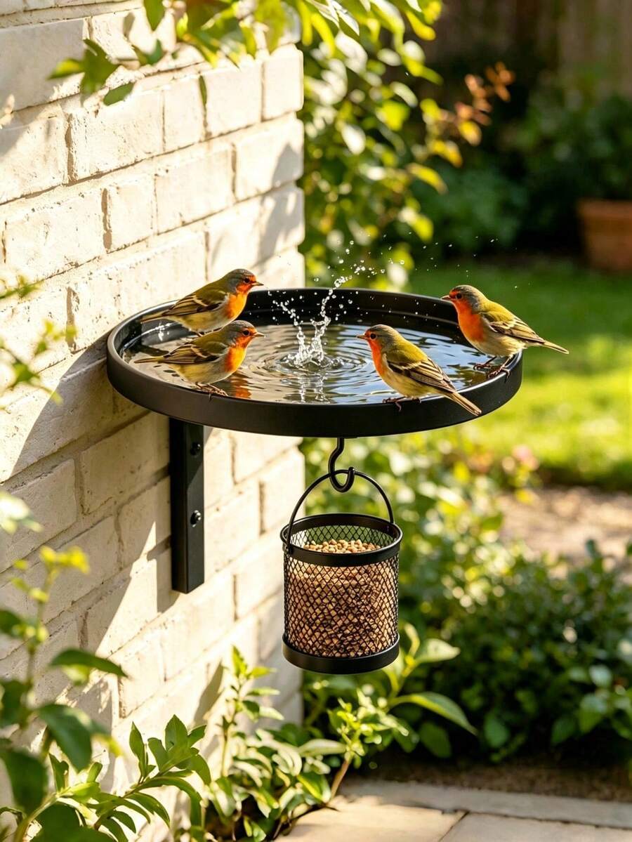 Mangeoire à oiseaux murale en métal noir, bain d'oiseaux suspendu avec crochet, bol d'eau et station d'alimentation pour oiseaux sauvages d'extérieur facile à nettoyer, nichoir à oiseaux durable et résistant à la rouille, convient pour la décoration du jardin, de la cour, de la terrasse, du balcon et de la clôture, attire les colibris et les petits oiseaux, décoration et accessoires de maison, décoration murale - A - Voir 1