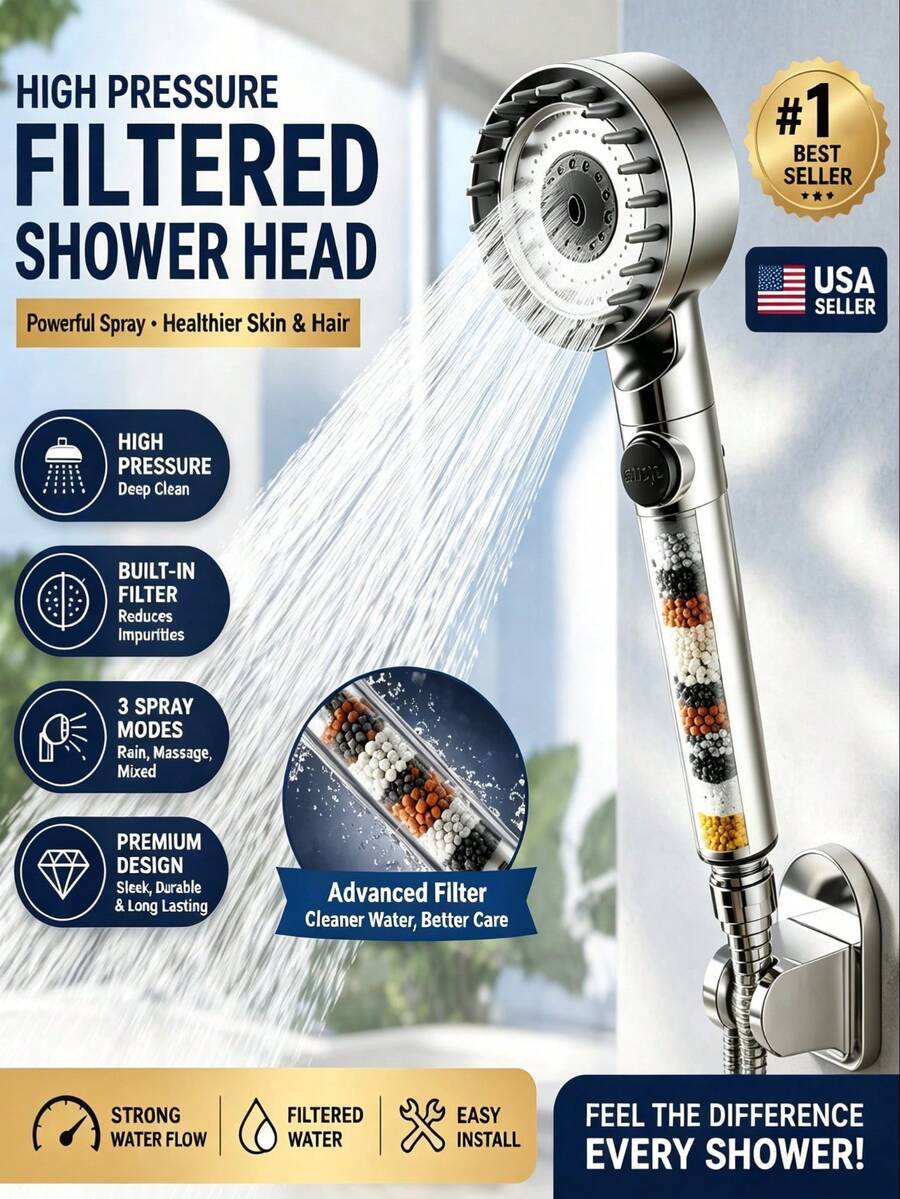 Luxury Filtered Showerhead, Handheld High Pressure Shower Head With 8-Layer Mineral Filter, Skin Care & Hair Care, 2 Spray Settings, Sleek Modern Design, Perfect For Home Bathroom, Dorm, Pet Bathing - Universal Fit