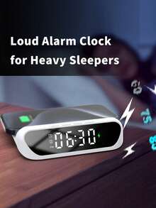 AKKHOO Jam Alarm Digital dengan Pengisi Daya Nirkabel, Stasiun Pengisian Daya Nirkabel Cepat Maksimum 15W, Jam Layar LED Bertenaga Type-C untuk Ponsel, Tanpa Baterai Internal - Hitam - View 5