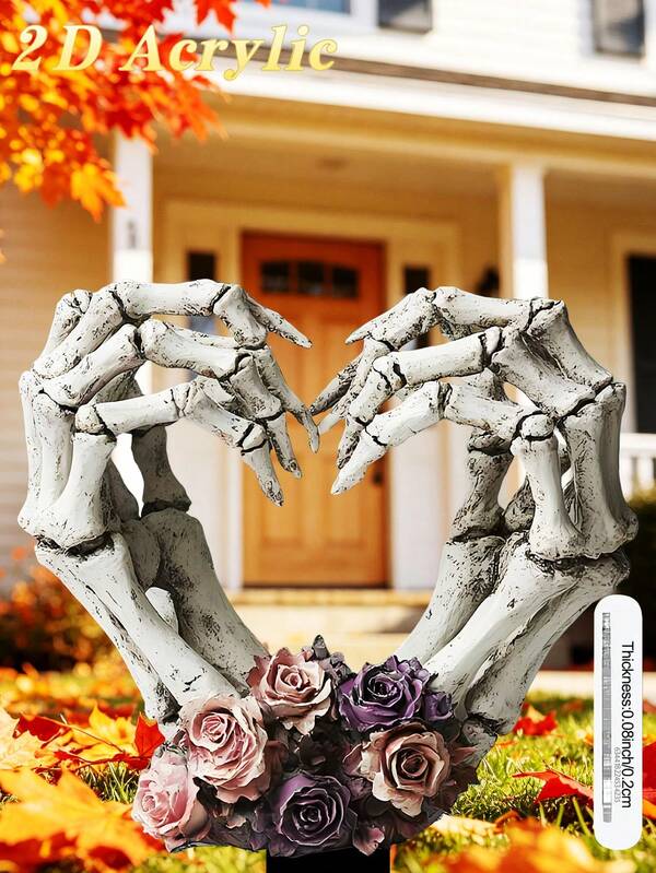 2D Flat 1pc Skeleton Hand Rose Heart Garden Stake Decor, Outdoor Decoration (17cm/6.69inch) Home Decor, Patio Decor, Gardening Supplies, Halloween Decoration Can Beautify Lawn And Flowerbed, Perfect Choice For Decorators And Gardening Enthusiasts