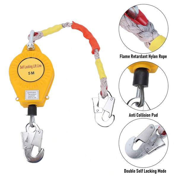 Línea de Vida Retráctil 3/5/7/10M con Cable de Acero, Anticaídas para Trabajo en Alturas de hasta 150kg, Bloqueo Doble de Se-guridad, Equipo de Protección Individual para Construcción y Rescate