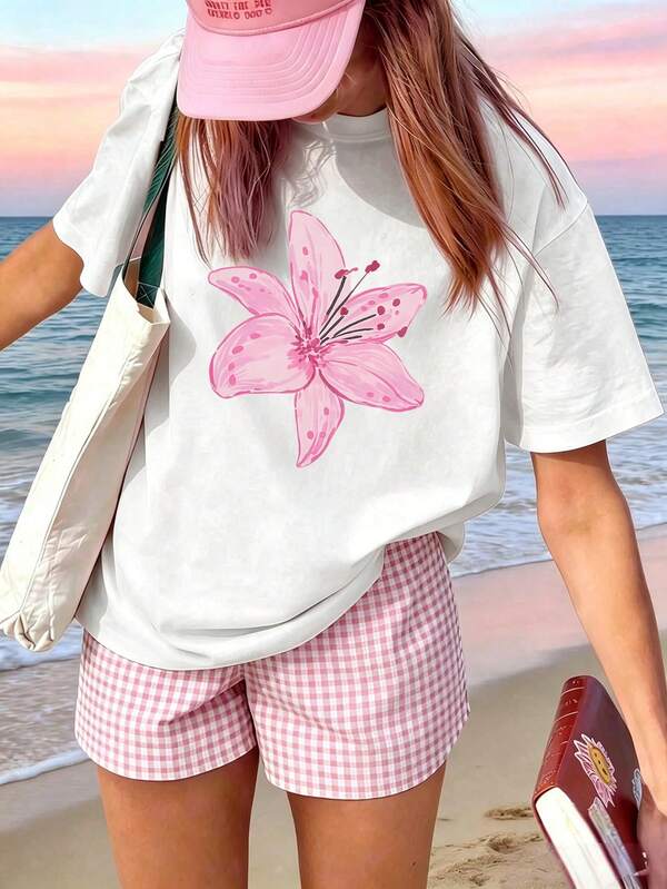 Women's Lily Pattern Short Sleeve Round Neck T-Shirt, Loose Fit Summer Beach Vacation Top, Vintage Versatile Casual Top, White