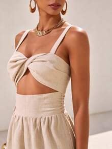 Mono Pantalón Beige Tela Texturizada Mujer Tirantes Anchos, Pecho con Nudo Recorte Frontal, Espalda Fruncida, Pierna Ancha Fluida, Mono Fresco Estilo Boho para Playa y Vacaciones de Verano - Albaricoque - Ver 7
