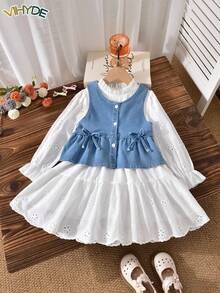 Vihyde Girls 2-Piece Set, Denim Bow Tank Top + Hollow Embroidery Ruffle Collar Long Sleeve Dress Set - Light Wash - View 2