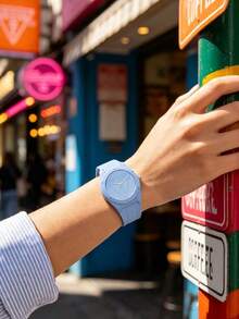 GUESS Women's Quartz Watch, Embossed Inverted Triangle Brand Logo, 42mm Large Dial, Macaron Solid Color Casual Unisex Student Wristwatch - Blue - View 3