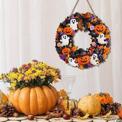 1pc Halloween Front Door Wreath, Cute Ghost Pumpkin Bat Haunted House Autumn Door Wreath, With Orange Purple Bows Maple Leaves Candy Decor, Spooky Halloween Home Wall Hanging Decoration, Suitable For Porch Indoor Outdoor Party Decor