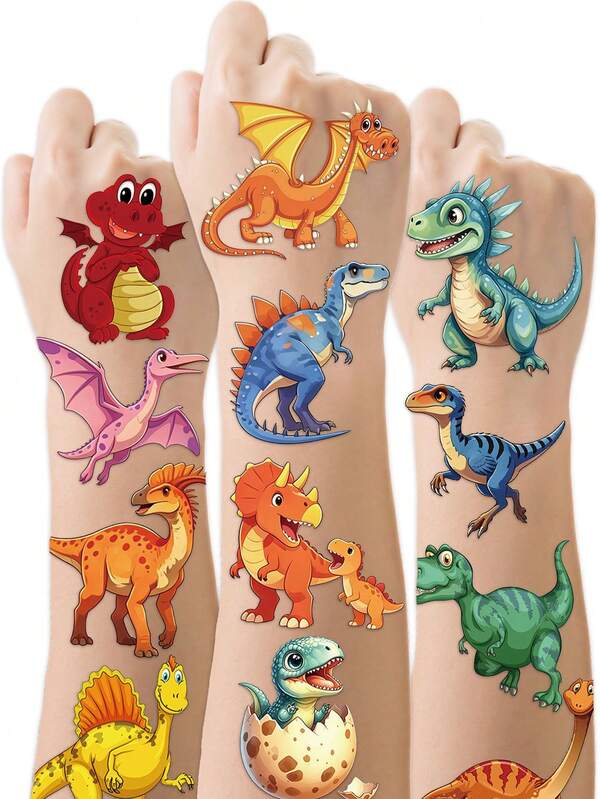 STARTTOOS 25pcs Cartoon Cute Dinosaur Triceratops Pterosaur Tyrannosaurus Plesiosaurus Combination Pattern Temporary Tattoo Stickers, Suitable For Children DIY Birthday Party Christmas Gift Holiday Activity Waterproof Realistic Tattoo Stickers