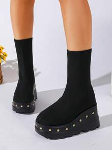 Women's Fashion Black Elastic Knit Thick Sole Sock Boots, Elastic Fabric Fits Leg Shape, Platform Thick Sole Heightening Slimming, Non-Slip Serrated Sole Stable And Durable, Round Toe Simple Versatile, Suitable For Daily Commute And Street Wear - Black - View 4