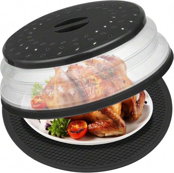 MAGJIUKE 12" Microwave Food Cover &Amp; Mat,Large Vented Collapsible Splatter Guard Dish Plate Lid &Amp; Silicone Round Kitchen Mat