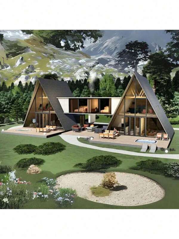 Double Tiny House Printed Plans With Bridge - 7m X 9m (107 M²) |       Modern Floor Plans, 3 Bedrooms + Loft, Pool & Outdoor Living