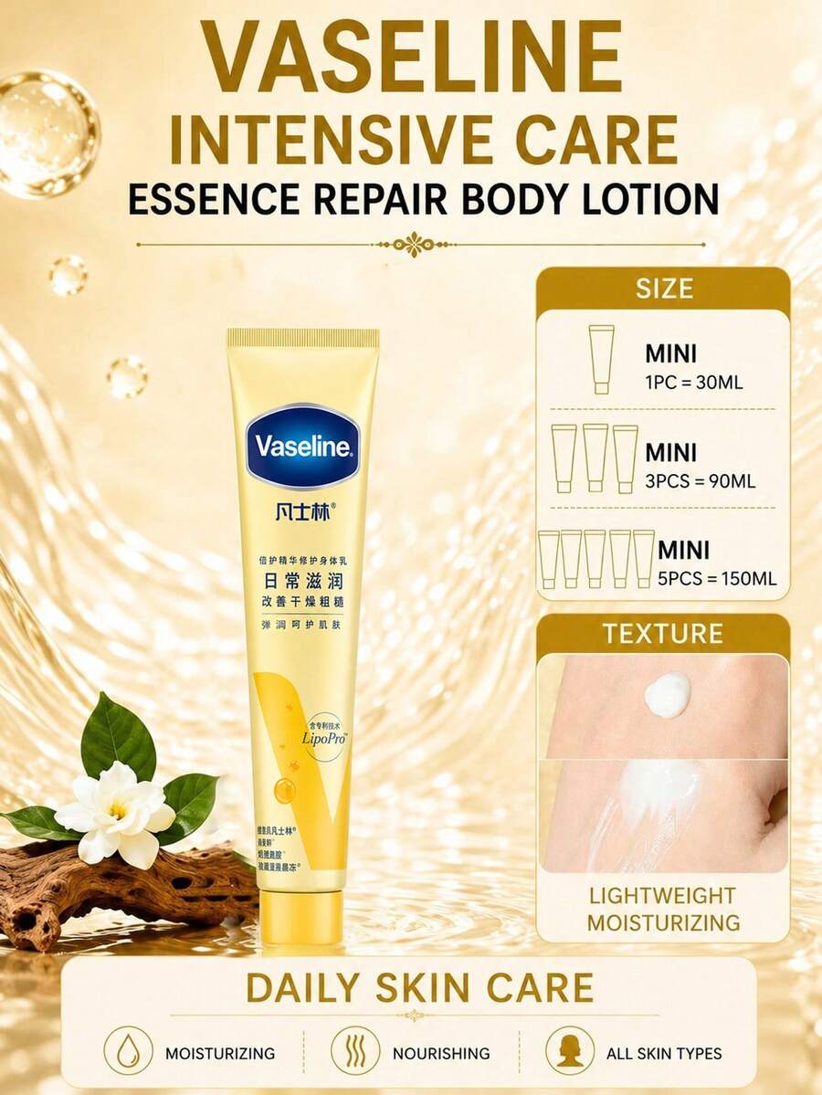 Vaseline Deep Repair Body Lotion 30ml, 1/3/5pcs, memberikan hidrasi dan nutrisi tahan lama, cepat menyerap dan membuat kulit halus dan lembut, cocok untuk semua jenis kulit.