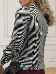 New V-Neck Pleated Shirt Cinched Waist Top, Striped Front Button Pleated Hem Spring - Black and White - View 2