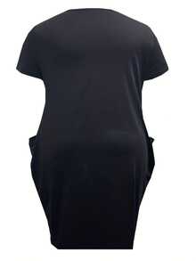 Plus Size Women's Loose T-Shirt Dress, Casual Short Sleeve Mid-Length Cinched Waist Dress With Pockets - Black - View 5