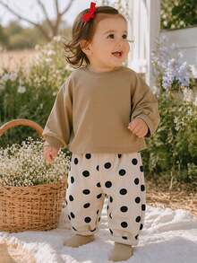 Baby Girl Black Polka Dot Decor Cuffed Pants, Elastic Waist, Versatile Loose Stretch Casual Long Pants - Black - View 6