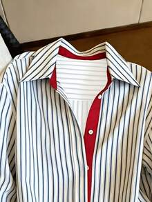 Women's Retro Colorblock Striped Polo Collar Long Sleeve Shirt, Spring New Fashion Design Loose Casual Top - White - View 5