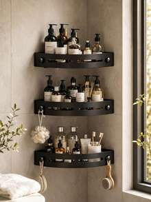 1/2/3pcs No-Drill Triangle Shower Caddy, Black/Grey Wall-Mounted Bathroom Storage Rack, Kitchen Corner Storage Shelf, PP Material, With Drainage Holes, Easy Installation, Suitable For Kitchen, Bathroom, Dining Room - Multicolor - View 3