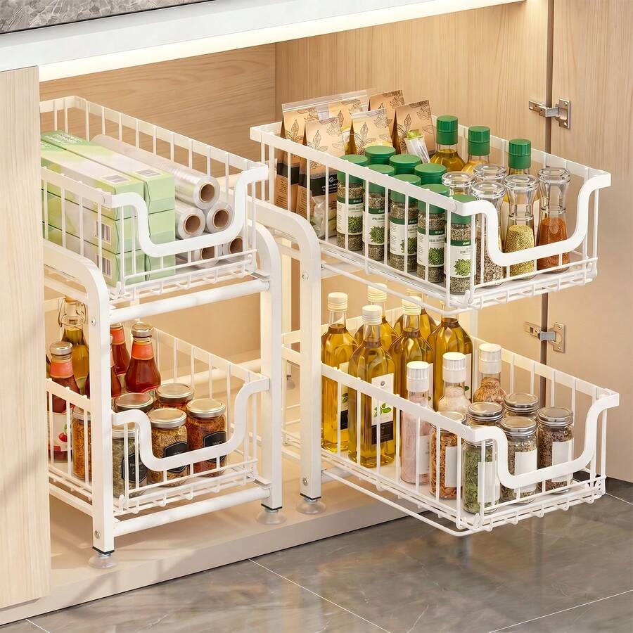 Rak Penyimpanan Bawah Wastafel Logam 2 Tingkat, Organizer Tarik Keluar Logam Hemat Ruang, Perlengkapan Pembersih Kamar Mandi, Rak Penyimpanan Kabinet Dapur dan Kamar Mandi Multifungsi - View 1