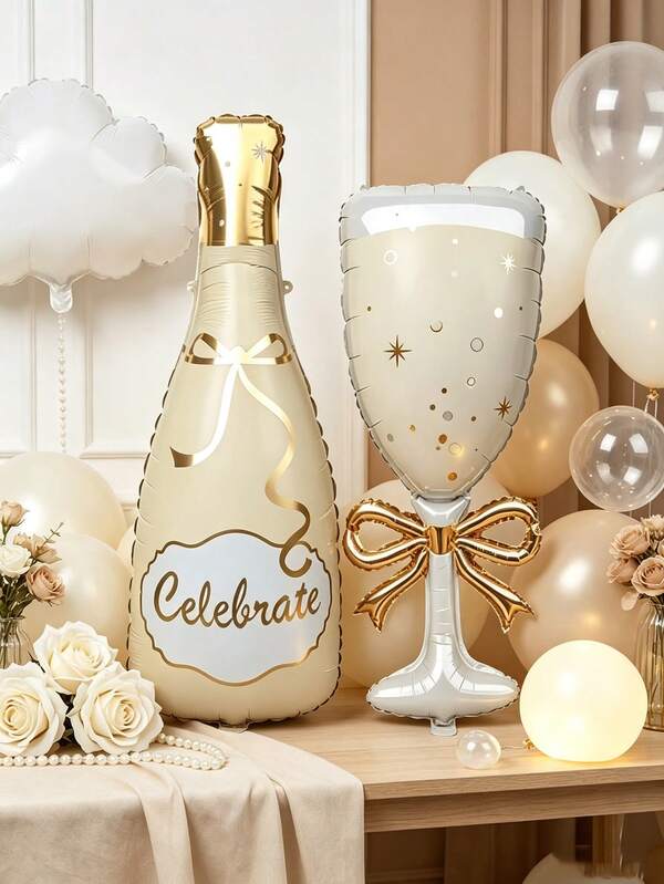 2pcs Champagne Bottle & Bow Wine Glass Shaped Balloon Set, Suitable For Bridal Shower, Bachelorette Party, Birthday, Wedding, New Year, Anniversary Party Photo Booth Decoration
