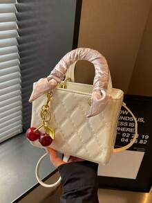時尚新款女款手提包 純色極簡 PU 小方包 優雅知性 高端百搭 精緻包款 附圍巾與櫻桃吊飾 情人節禮物 - 白色 - 查看 8