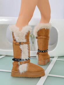 Women's Rivet Belt High-Top Snow Boots, Thick Sole Thermal Lined Warm Long Boots - Camel - View 4