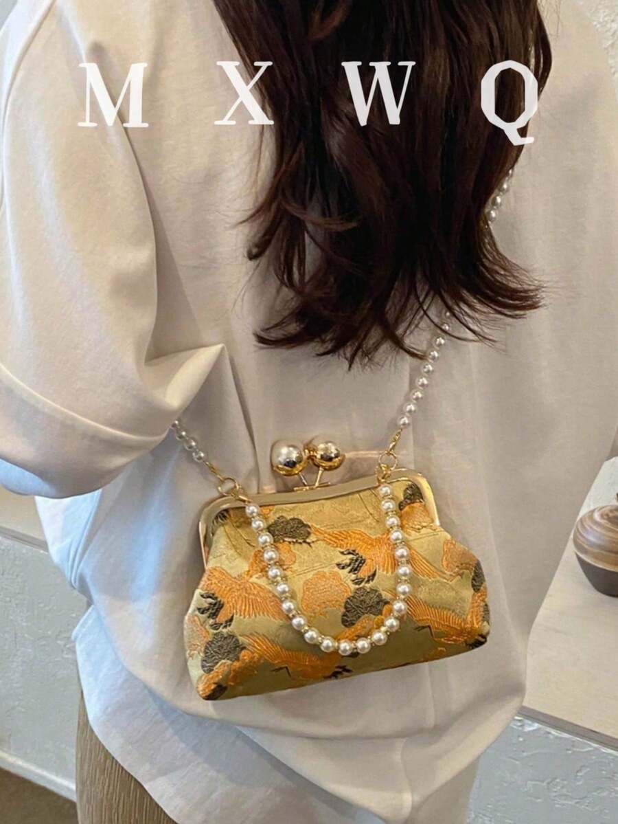 新款復古風布料珍珠鏈條扣女款手提包，優雅百搭斜挎包