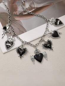 1件女款時尚個性化多心形吊墜項鍊，哥德風頸鍊，日常配戴，慶祝節日禮物 - 愛心C - 查看 5