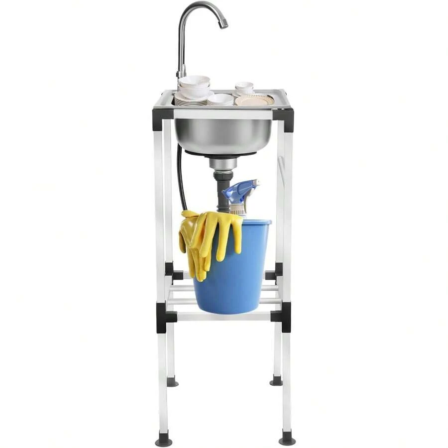 GRANDMEI Edelstahl Spültisch Mobile Küchenwaschbecken Spülanlage mit Gestell, 360° drehbarer Wasserhahn Tragvermögen 60 kg für Garten, Garage und Camping, Außen-Spüle - Standard - Übersicht 1