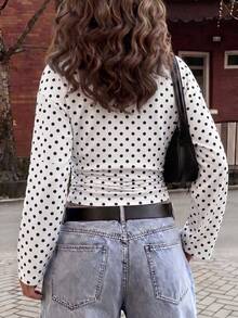 Casual Fashion Polka Dot Print Round Neck Ruched Waist Slimming Women's T-Shirt, Autumn/Winter New Arrival - White - View 3