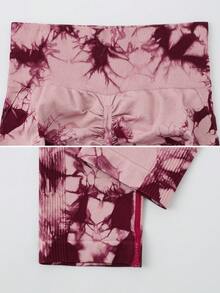 春夏女款紮染高腰提臀瑜伽健身運動緊身褲，彈性塑形緊身騎行攀岩戶外運動秋季 - 酒紅色 - 查看 3
