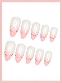 24pcs Apricot Pink White Gradient French Style Press-On Nails, Minimalist Thin Gold Line Glossy Wearable Nails, Soft Aesthetic Girl Style, Suitable For Dating And Office, Self-Adhesive Nail Stickers - Multicolor - View 3