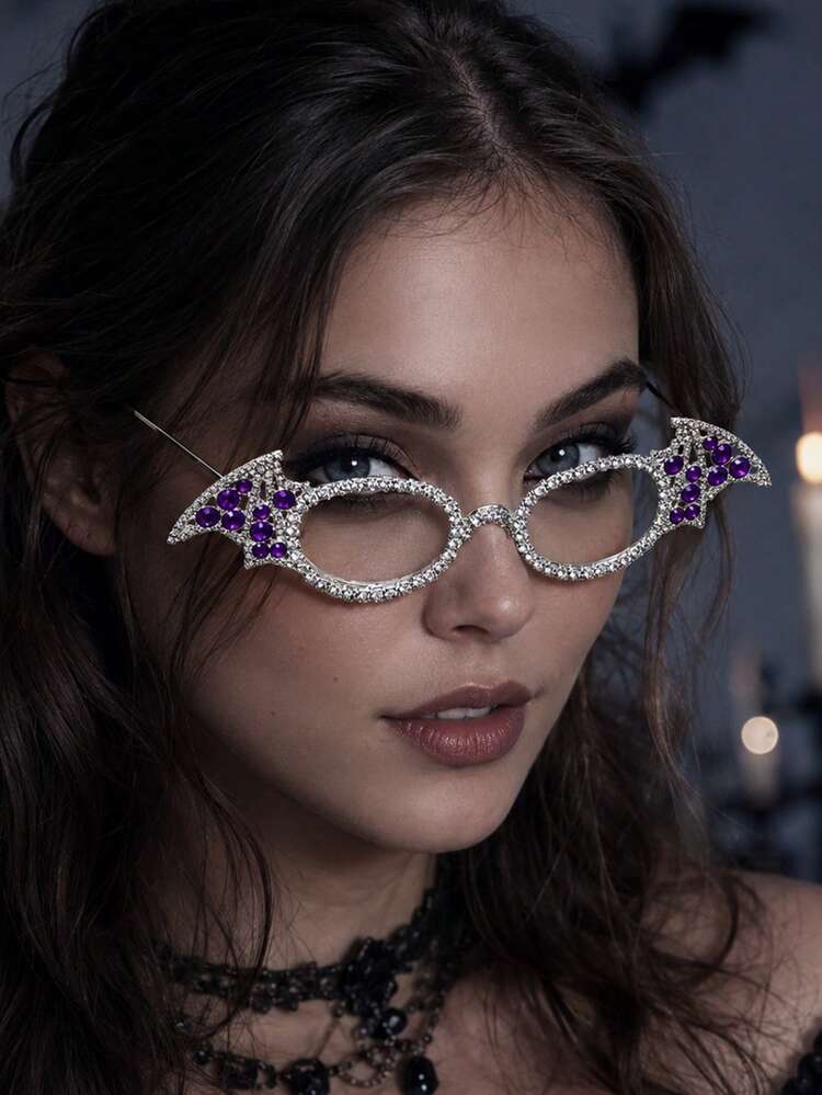 1pc Fully Rhinestone Bat Wing Halloween Cute Spooky Ghost Decorative Eyeglass Frame, No Lens Gothic Punk Halloween Spooky Women's Party Photo Prop Fashion Accessory - YJK1131 - View 1