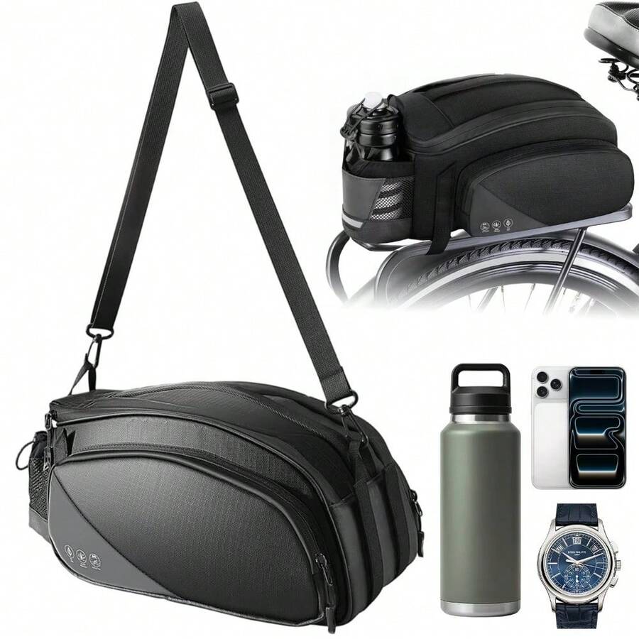 12-Liter-Fahrradtasche mit Regenhülle und reflektierenden Details, wandelbare Schultertasche mit Flaschenhalter – ideal für regnerische Fahrten, Einkäufe und lange Fahrradtouren - Schwarz - Übersicht 1