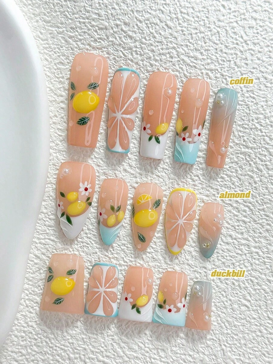 10Pcs Gentle Summer Style Handmade Press On Nail,Polygel Nail Set,Lemon Pearl Pattern,Yellow And Blue Nail Polish,Seaside Vacation Style,Includes Nail Tools,3 Sizes Available,Almond Nails,Duck Nails,Coffin Nails For Party,Dance,Daily Wear. - 彩色 - 查看 1