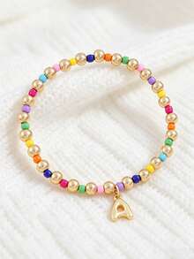 1 Buah Gelang Huruf Manik-Manik Kecil untuk Anak Perempuan, Gelang Elastis dengan Liontin Huruf Awal Tunggal A-Z Kustom, Gelang Manik-Manik Buatan Tangan Berwarna-warni Gaya Boho yang Dapat Ditumpuk, Aksesori Harian - MultiWarna - View 7