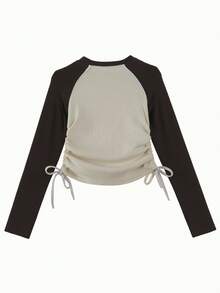 Atmospheric Contrast Color Raglan Long Sleeve Slim Fit Base Layer T-Shirt For Women, Drawstring Waist, Korean Pure Desire Style Beige & Brown Colorblock, Curved Short Length, Side Adjustable Ruched Tie, Round Neck Knit Top - Apricot - View 3
